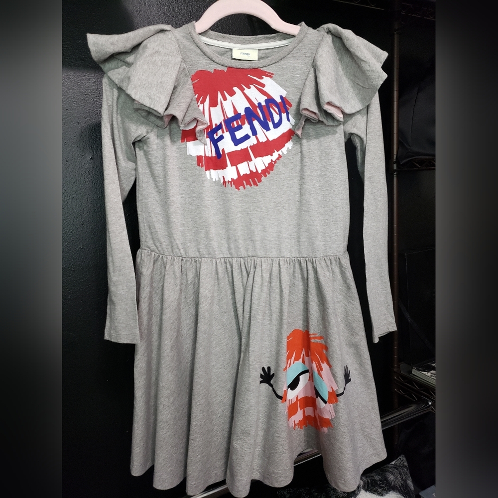 FENDI Kids Ruffle Sleeve Graphic Dress Gray Size 8 | Designer Luxury Girls 8Y